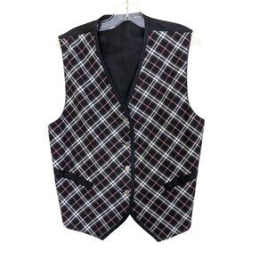 Vintage TanJay Button Front Vest Womens Size L Black White Diagonal Plaid Preppy
